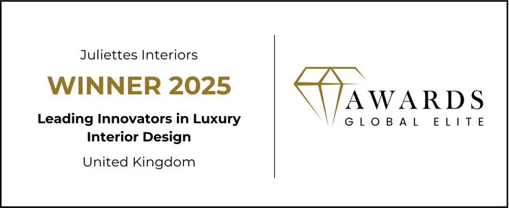 Award-winning certificate for Juliette’s Interiors, named Winner 2025 as Leading Innovators in Luxury Interior Design, United Kingdom, by Awards Global Elite. Gold geometric logo on the right.