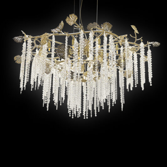 The Contemporary Leaf Chandelier With Crystal Drops showcases gold branches and leaves with cascading crystal strands like wisteria, all highlighted against a bold black background.