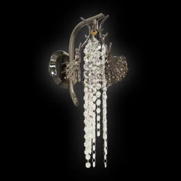 Leaf Wall Light With Crystal Drops The Leaf Wall Light With Crystal Drops features a dark metallic base, ornate leaf accents, and hanging clear crystal beads, all set against a black background.