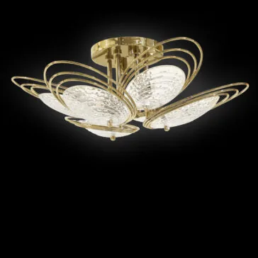 The Modern Stairwell Chandelier Inspired By The Sea (Copy) features gold, petal-shaped metal arms and textured glass plates in a floral design against a black backdrop.
