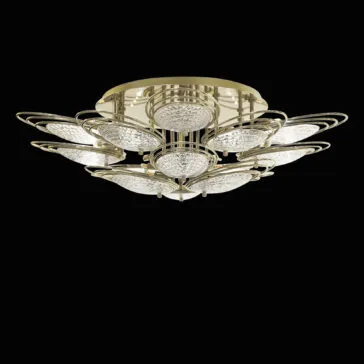 The Modern Ceiling Light Inspired By The Sea features gold and crystal petal-shaped arms arranged in a circular floral pattern, creating a modern look reminiscent of the ocean’s elegant forms.