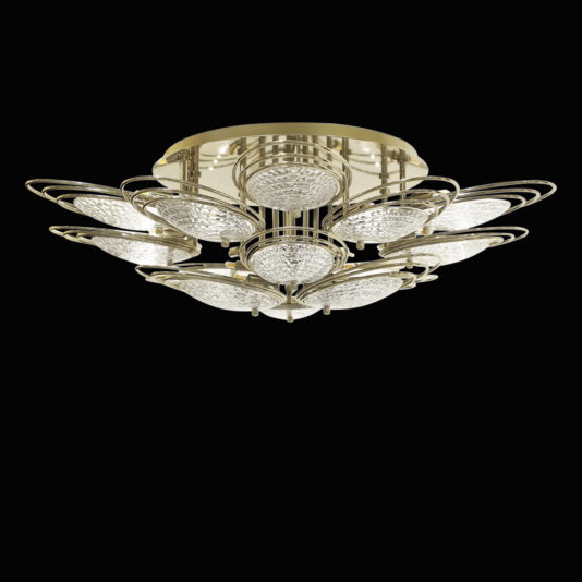 The Modern Ceiling Light Inspired By The Sea features gold and crystal petal-shaped arms arranged in a circular floral pattern, creating a modern look reminiscent of the ocean’s elegant forms.