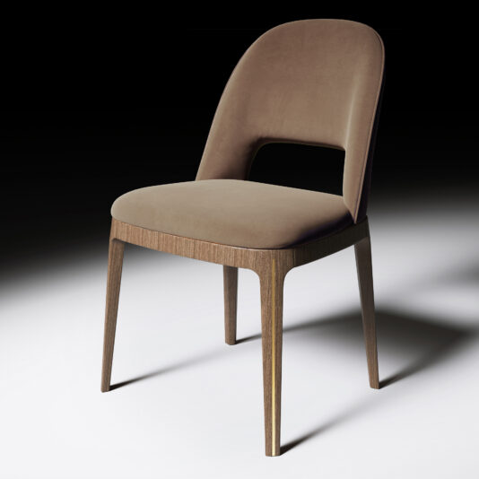The Modern Dining Chair features a brown upholstered seat and backrest with a cutout below the back. It pairs beautifully with a round stone-effect dining table, both showcasing sleek wooden legs and minimalist design against a dark background.