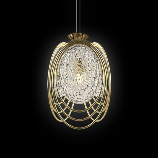 The Modern Pendant Light Inspired By The Sea features a textured glass center with golden metal rings, creating a striking design that evokes oceanic elegance against a black background.