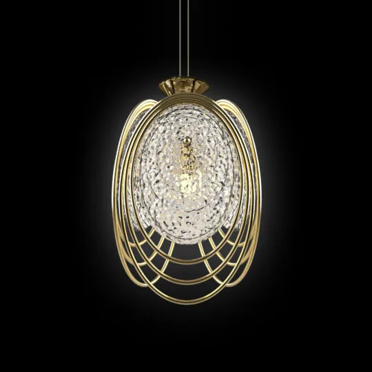 The Modern Pendant Light Inspired By The Sea features a textured glass center with golden metal rings, creating a striking design that evokes oceanic elegance against a black background.