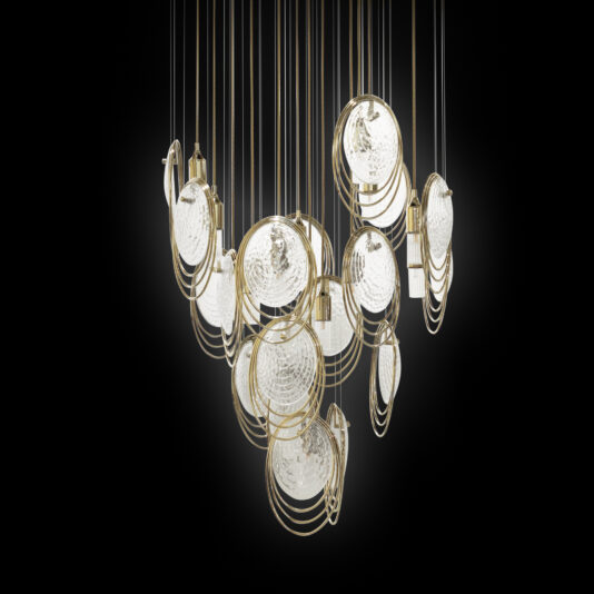 The Modern Round Chandelier Inspired By The Sea (Copy) features circular glass discs and gold metal rings suspended at different heights on a black background, creating a luxurious and artistic modern lighting fixture.