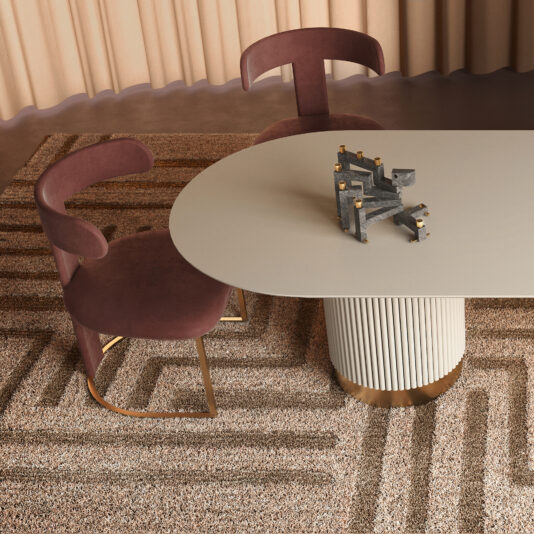 Oval Contemporary Lacquered Dining Table A modern dining area features the Oval Contemporary Lacquered Dining Table, two mauve velvet chairs with gold legs, a textured brown rug, a sculptural black and gold centerpiece, and beige curtains in the background.