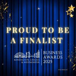 Blue curtain background with gold confetti and stars, text reads "Proud to be a finalist. Kensington, Chelsea & Westminster Business Awards 2025." Illustration of local landmarks is included.