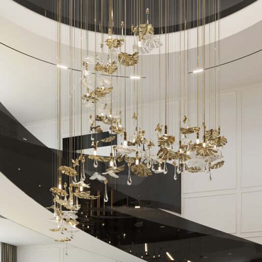 Statement Floating Chandelier Inspired By Nature The Statement Floating Chandelier Inspired By Nature, featuring gold and clear leaf-shaped ornaments, cascades from a high ceiling above a modern staircase for an elegant, luxurious look.