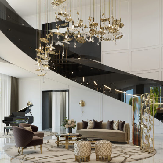 Statement Floating Chandelier Inspired By Nature A luxurious modern living room showcases a sweeping black staircase, a Statement Floating Chandelier Inspired By Nature, beige sofa, armchairs, patterned rug, grand piano, gold accents, and large windows that fill the space with natural light.