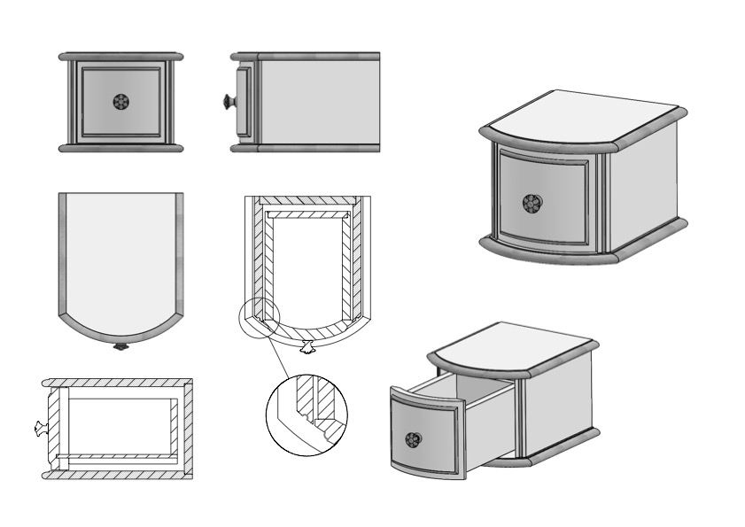 Technical drawing of a small, rectangular beside cabinet with draw—furniture designed using AI—with a single front door, shown from multiple angles and cross-sections, including one view with the door open and a detailed close-up of the door hinge.