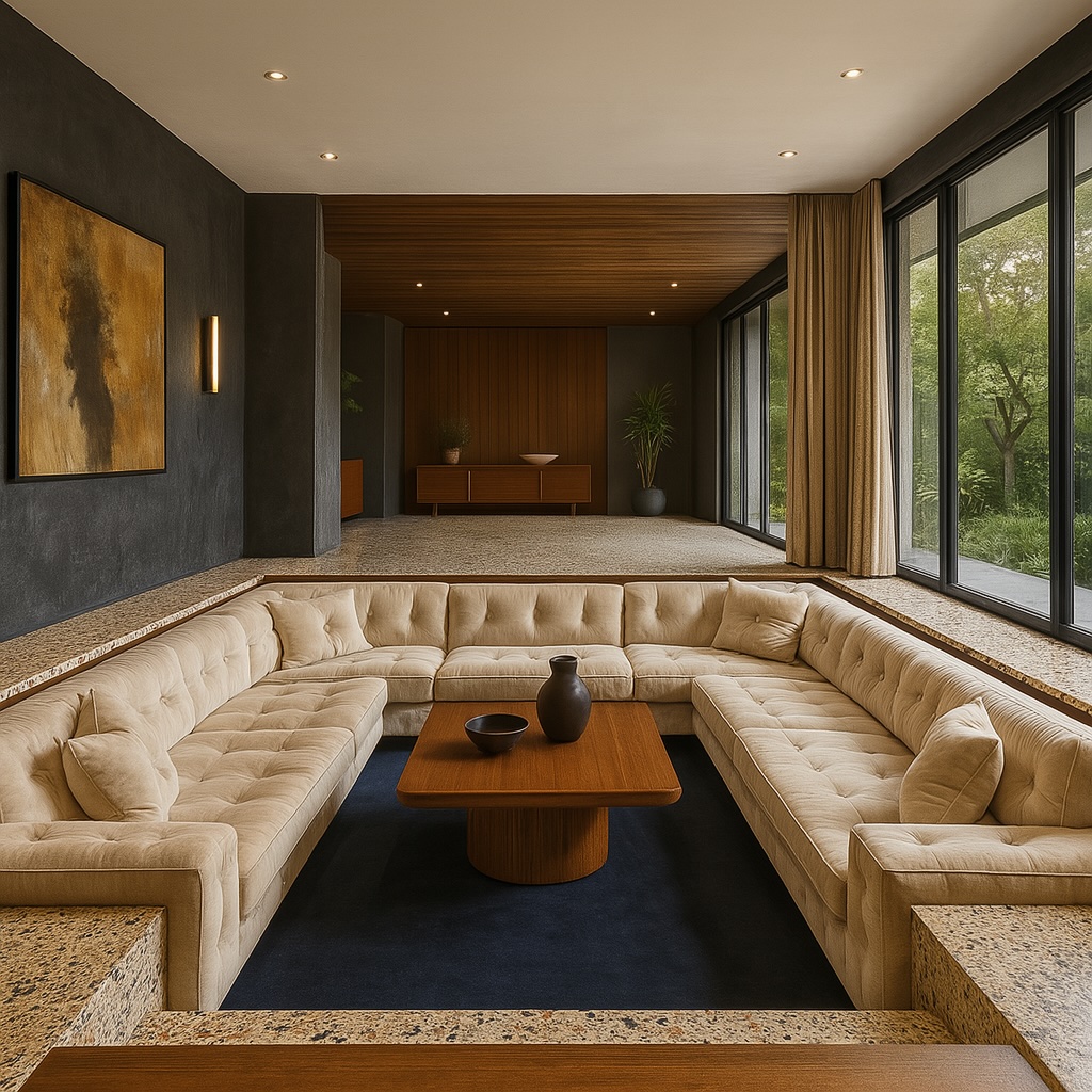 A modern, sociable living room with a sunken conversation pit with beige sectional sofa, wooden coffee table, dark accent wall with abstract art, large windows framing lush greenery, and wood-paneled ceiling and walls invites relaxation and connection.
