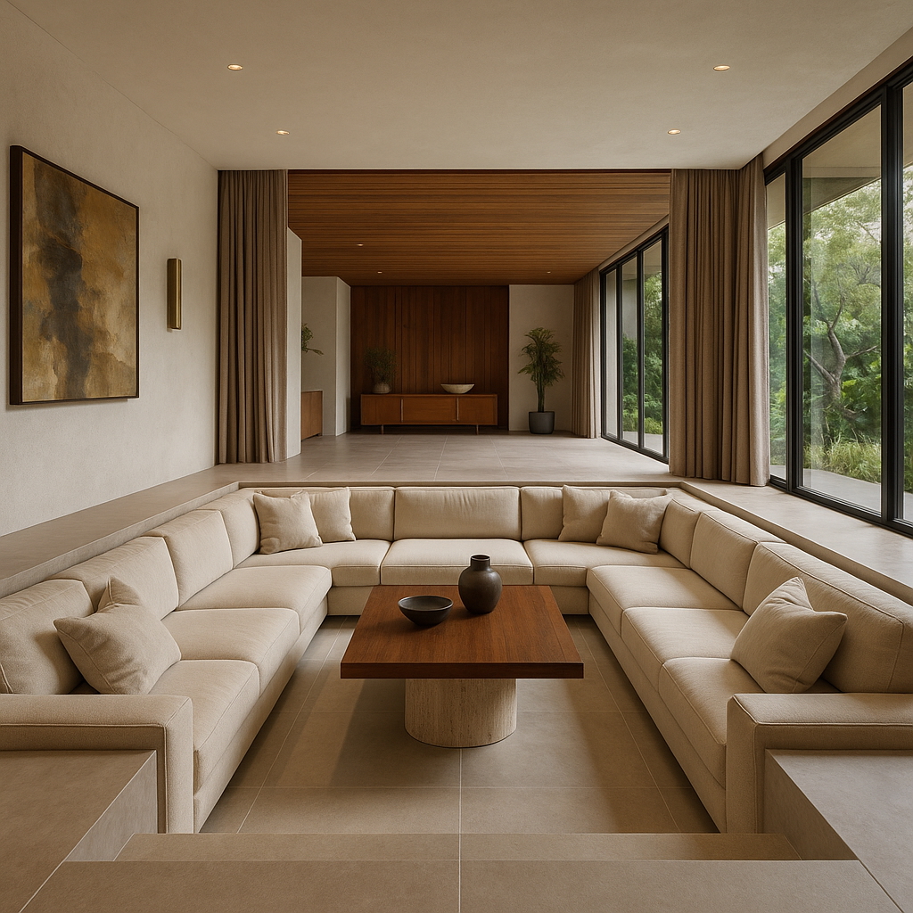 A modern sociable living room with a sunken conversation pit style central element with beige sectional sofa around a wooden coffee table, large windows with beige curtains, minimal decor, and a view of greenery outside.