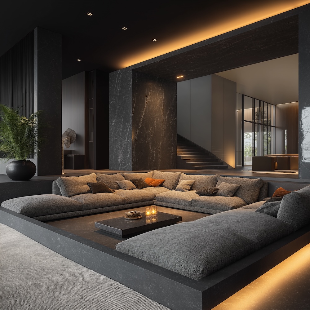 A modern, sociable living room featuring a large sunken conversation pit style grey sectional sofa, black marble walls, warm recessed lighting, a low coffee table with candles, and a potted plant, creating a cosy and luxurious atmosphere.