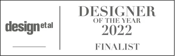 A rectangular badge with “design et al” on the left and “DESIGNER OF THE YEAR 2022 FINALIST” in bold, award-winning uppercase letters on the right. The border is thin and black.
