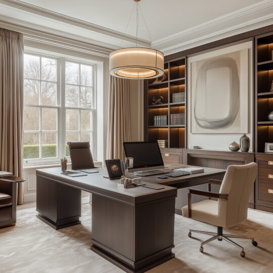 A modern home office showing a split desk suitable for two people, one on each side. The desk is positioned in front of a window and has a large book shelf to its side.