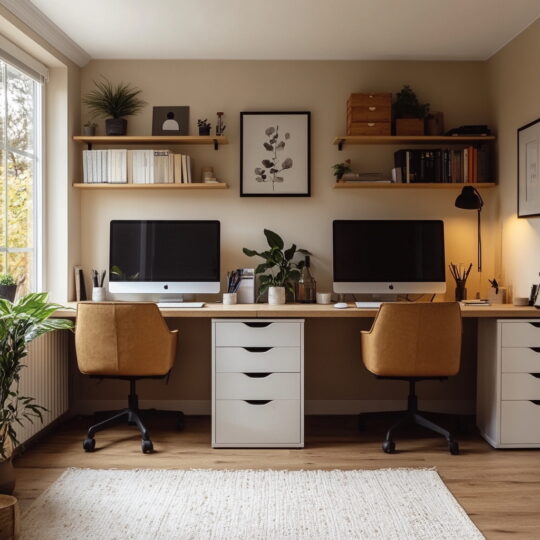 A modern home office with two desks, each with a computer, brown chairs, and various office supplies. Plants, books, and framed art decorate shelves above the desks. Natural light streams in from a large window on the left.