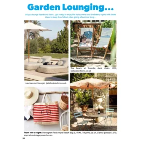 A screenshot of part of the copy in the article in Community Life's print magazine, with the title: 'Garden Lounging...'. The article features Juliettes Interiors.