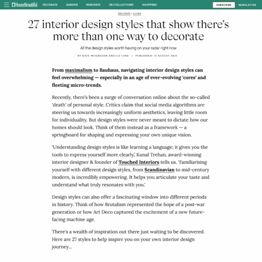 Screenshot of an article titled "27 interior design styles that show there’s more than one way to decorate," discussing various styles from maximalism to Bauhaus and mentioning trends like Scandinavian and Brutalism.