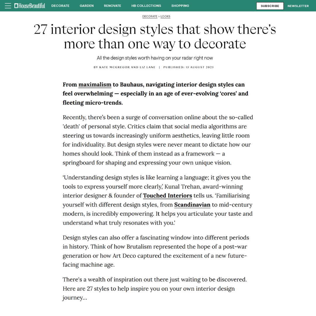 Screenshot of an article titled "27 interior design styles that show there’s more than one way to decorate," discussing various styles from maximalism to Bauhaus and mentioning trends like Scandinavian and Brutalism.
