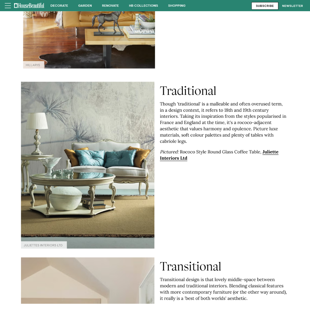 A magazine page features two ornate rooms: the top shows a wood fireplace, gold mirror, and blue velvet bench; the bottom displays a light blue Rococo coffee table with a vase, surrounded by elegant furniture on a beige rug.