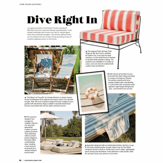 A home design magazine page features striped and patterned outdoor lounge chairs, a poolside scene with towels and water, decorative pillows, a sun hat, and text describing comfortable summer lounging.