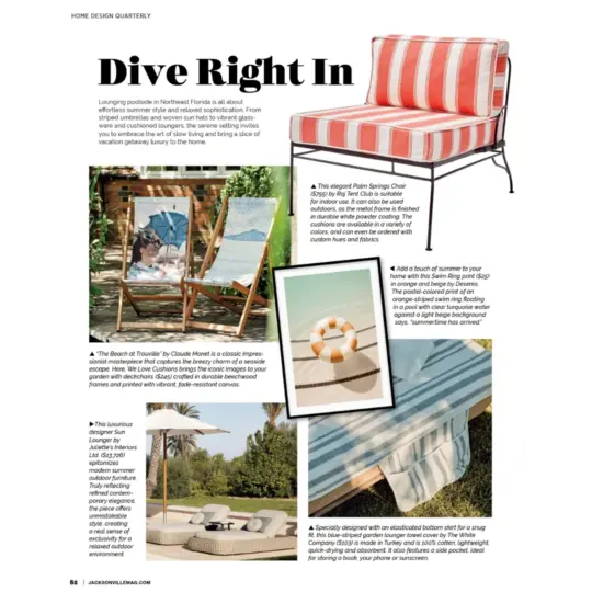 A home design magazine page features striped and patterned outdoor lounge chairs, a poolside scene with towels and water, decorative pillows, a sun hat, and text describing comfortable summer lounging.