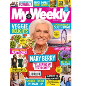 A screenshot of the front cover of My Weekly's print magazine, June edition. The magazine features Juliettes Interiors.