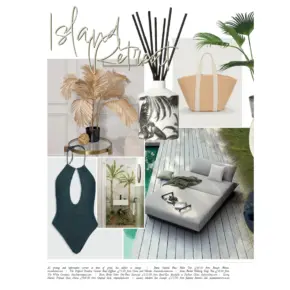 A collage featuring tropical décor and fashion: pampas grass, palm leaves, a palm print pillow, a woven tote, a dark crochet swimsuit, neutral lounge chairs, and a reed diffuser, evoking an island retreat vibe.