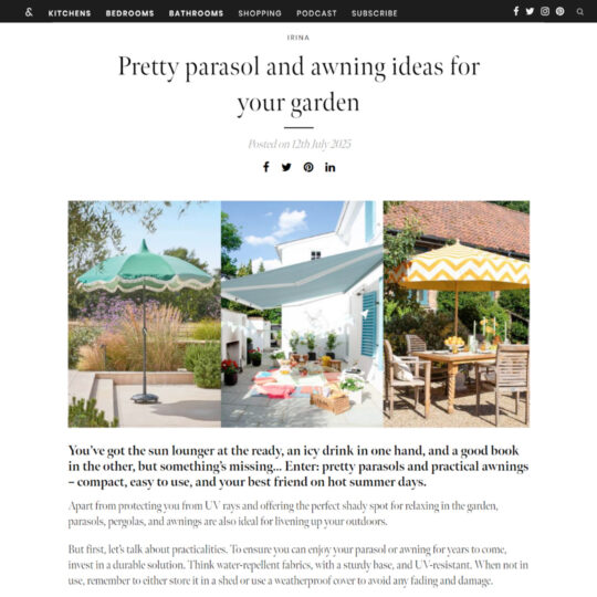 A screenshot of an article on These Three Rooms, with the title: 'Pretty parasol and awning ideas for your garden'. The article features Juliettes Interiors.
