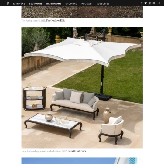 A screenshot of part of the copy in the article on These Three Rooms, with the title: 'Pretty parasol and awning ideas for your garden'. The article features Juliettes Interiors. 