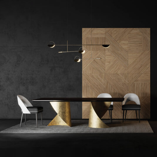 A dining room with a table and Contemporary Dual-Tone Dining Chairs.