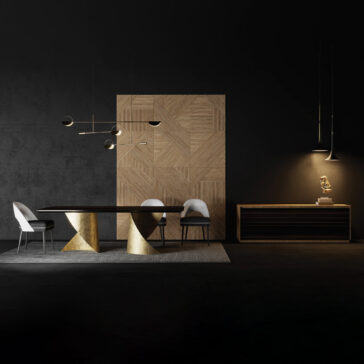 Contemporary Ebony Veneered Dining Set A modern dining room with a dark palette showcases the Contemporary Ebony Veneered Dining Table (Copy) with gold geometric bases, four chairs, a wood-paneled wall, a sideboard with books, and bold contemporary pendant lighting.