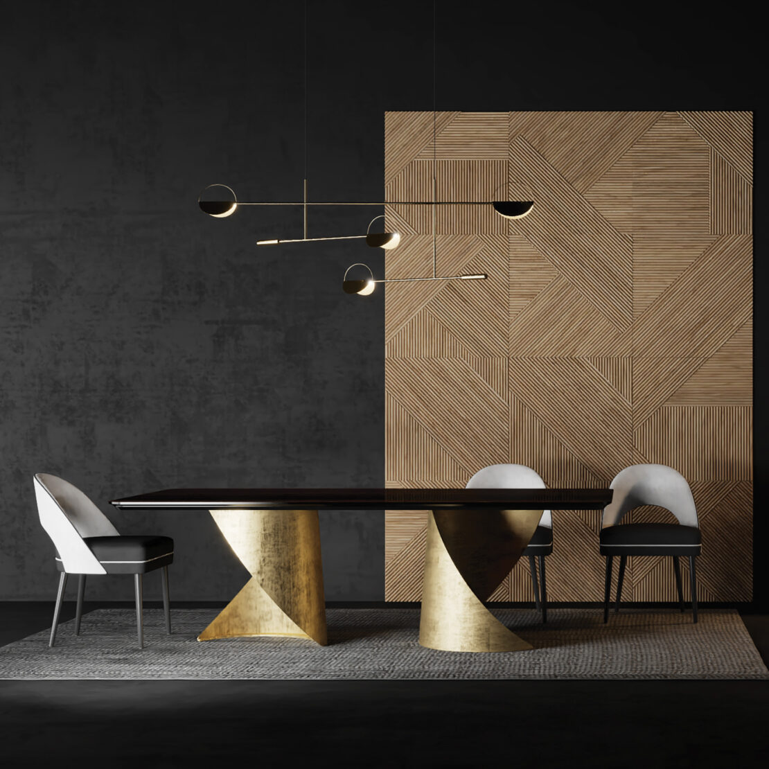 A modern dining room showcases the Contemporary Ebony Veneered Dining Table with gold accents, three upholstered chairs, a textured wood accent wall, a gray rug, and a sculptural gold and black pendant light against a dark backdrop.