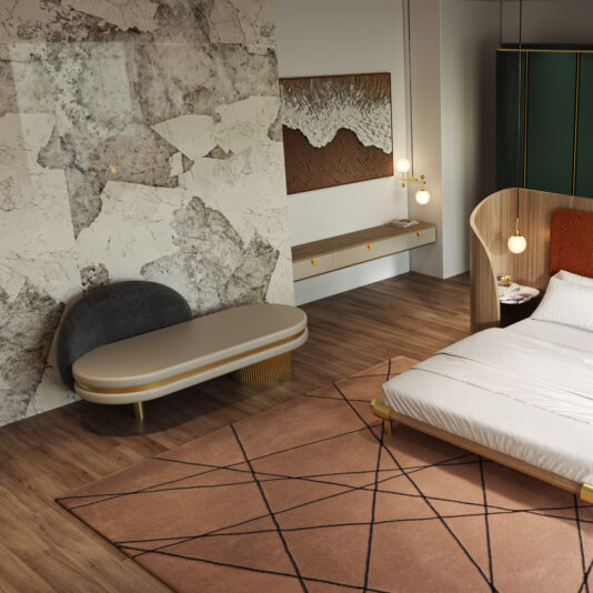 Contemporary Geometric Chaise Longue Modern bedroom featuring a Contemporary Geometric Chaise Longue, geometric rug, marble accent wall, floating shelf with art, wood-and-green accented bed, warm lighting, and wood floors for a cozy atmosphere.