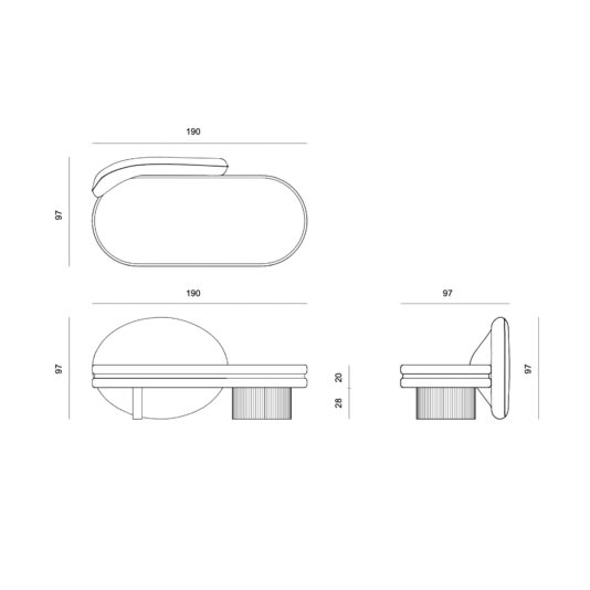 Contemporary Geometric Chaise Longue Technical line drawing of the Contemporary Geometric Chaise Longue, shown in top, front, and side views; oval-shaped with a protruding handle. Dimensions: 190 mm (width), 97 mm (depth), 28 mm (height).