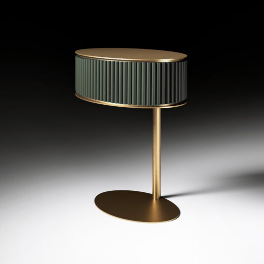 Contemporary Oval Lacquered Bedside The Contemporary Oval Lacquered Bedside is a lamp with a gold base and stand, an oval shade adorned with black and green vertical stripes, all set against a gradient black-to-white background.