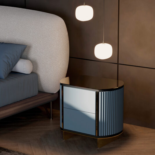 A modern bedroom features a rounded upholstered bed, a Contemporary Lacquered Curved Bedside Cabinet with drawers, and two spherical pendant lights above a dark paneled wall and wood floor.