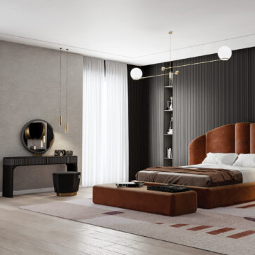 Modern bedroom featuring a brown upholstered bed, matching bench, and the Contemporary Lacquered Dressing Table with circular mirror. Dark accent walls, pendant lights, shelves, and large windows with white curtains complete the look.