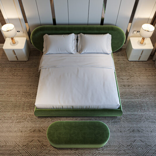 A modern bedroom showcases a green upholstered bed with white linens, flanked by Contemporary Ribbed Lacquered Bedside Cabinets topped with lamps. At the foot of the bed, a matching green bench sits on a patterned floor.