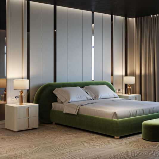 A modern bedroom features a green upholstered bed, gray bedding, the Contemporary Ribbed Lacquered Bedside Cabinet, gold lamps, floor-to-ceiling paneled walls, and beige curtains illuminated by soft, warm lighting.