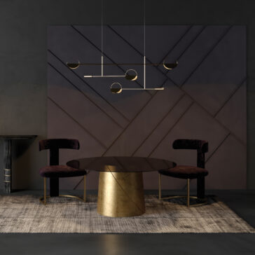 A modern dining area with a Contemporary Ebony Veneered Dining Table (Copy), two velvet chairs, a textured rug, geometric wall art, and a stylish pendant light with gold circular accents.