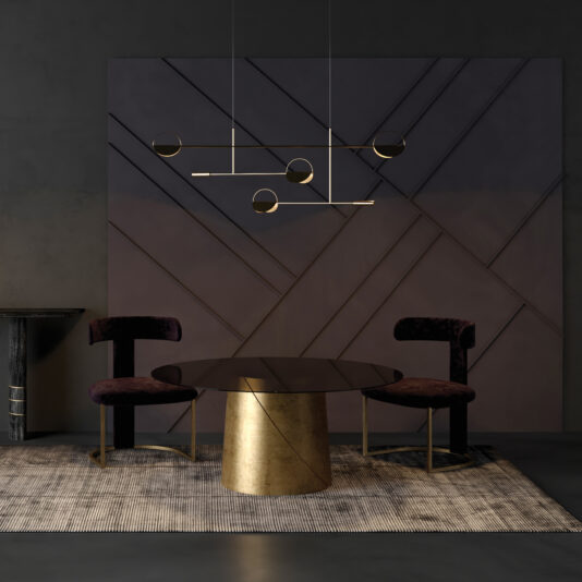 A modern dining area with a Contemporary Ebony Veneered Dining Table (Copy), two velvet chairs, a textured rug, geometric wall art, and a stylish pendant light with gold circular accents.
