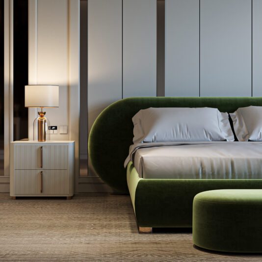 Curved Contemporary Green Velvet Bed A modern bedroom features the Curved Contemporary Green Velvet Bed, white bedding, a matching green bench, a white nightstand, and a lamp with a white shade against light-colored paneled walls.