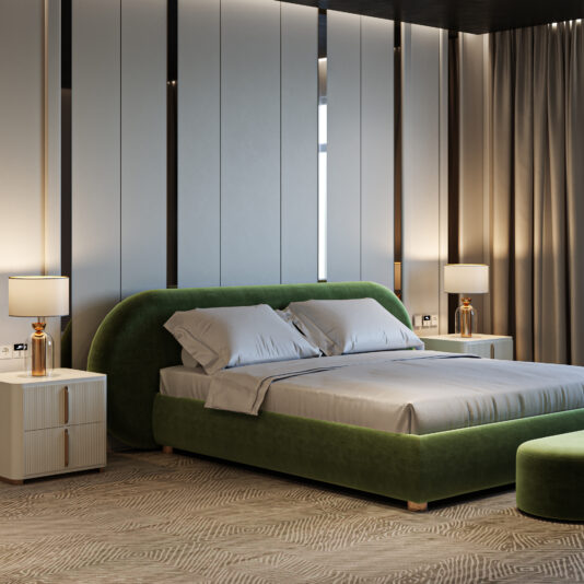 Curved Contemporary Green Velvet Bed A modern bedroom with the Curved Contemporary Green Velvet Bed, gray bedding, two white nightstands with gold lamps, a paneled accent wall, beige curtains, and inviting warm lighting.