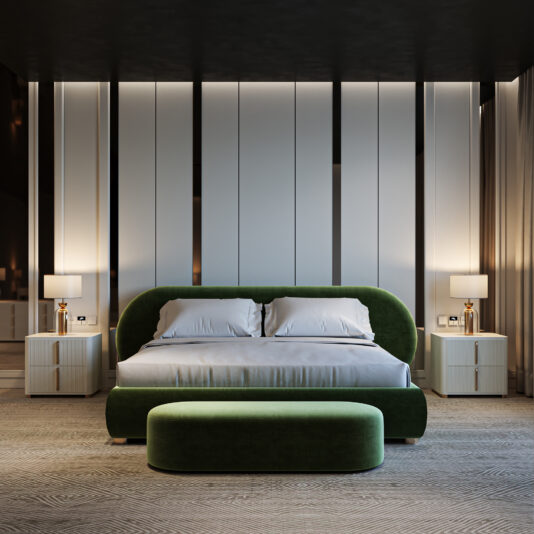 Curved Contemporary Green Velvet Bed Modern bedroom with the Curved Contemporary Upholstered Bed (Copy) in green velvet, matching bench, white bedding, two white nightstands with gold lamps, and a sleek wall featuring softly lit vertical panels.