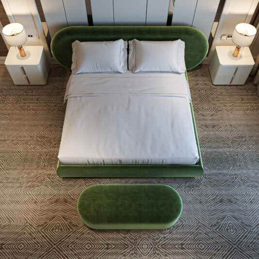 Curved Contemporary Green Velvet Bed The Curved Contemporary Green Velvet Bed, featuring a matching green headboard and ottoman, brings a modern touch to any bedroom.