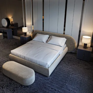 A modern bedroom featuring a large upholstered bed, Modern Ribbed Lacquered Bedside Drawers (Copy) with lamps, a matching beige bench at the foot, patterned carpet, and a vanity with a round mirror in the background.