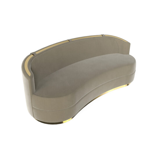Luxury Modern Curved Sofa The Luxury Modern Curved Sofa features a high backrest, beige upholstery, and gold accents on the top edge and base, shown against a white background.