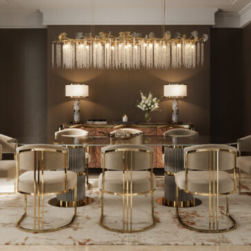 A modern dining room with a glass table, eight Modern Art Deco Style Dining Chairs in beige and gold, a crystal chandelier, two table lamps, a sideboard, and a flower vase on a beige rug with brown accents.